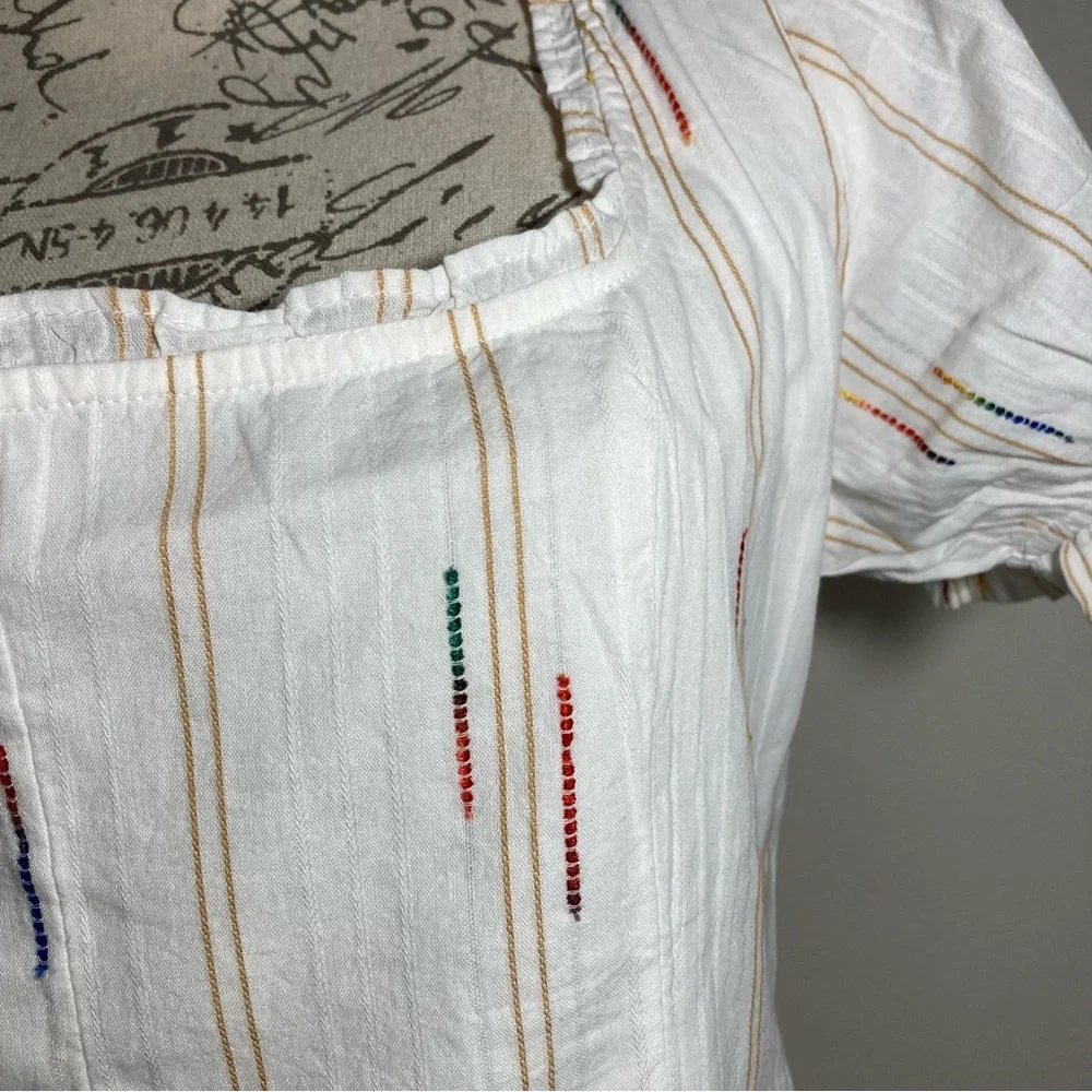 Free People Serotonin Corset Top White Puff Sleeve Top Colorful Rainbow Stitches